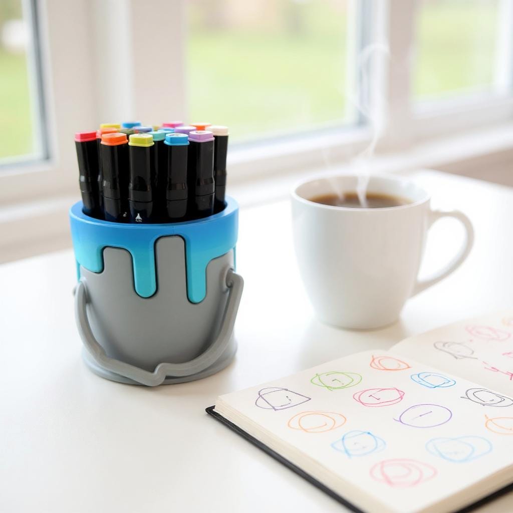 Pencil Holder 3D Printed Paint Bucket Desk Tidy with Dripping Paint Design, Artist Teacher Child Gift, Unique Pen Holder Organizer