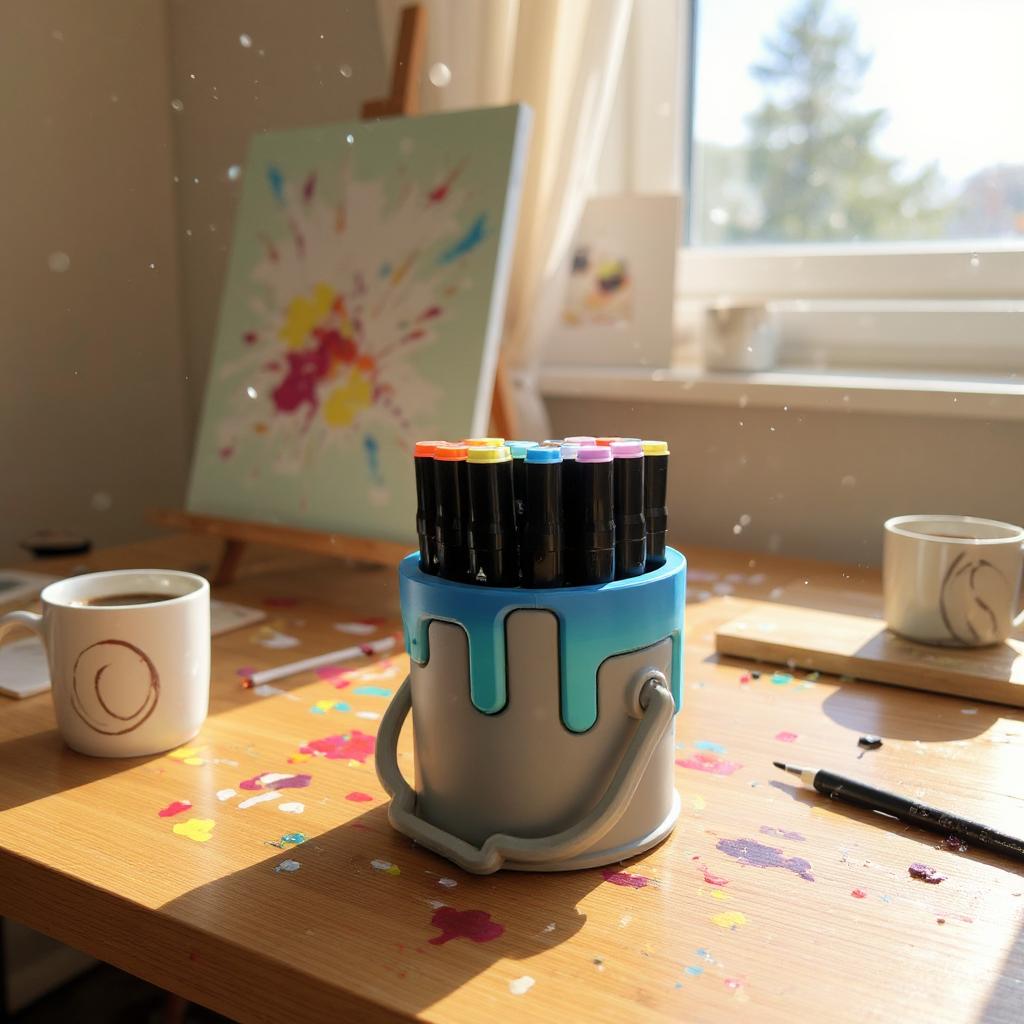 Pencil Holder 3D Printed Paint Bucket Desk Tidy with Dripping Paint Design, Artist Teacher Child Gift, Unique Pen Holder Organizer