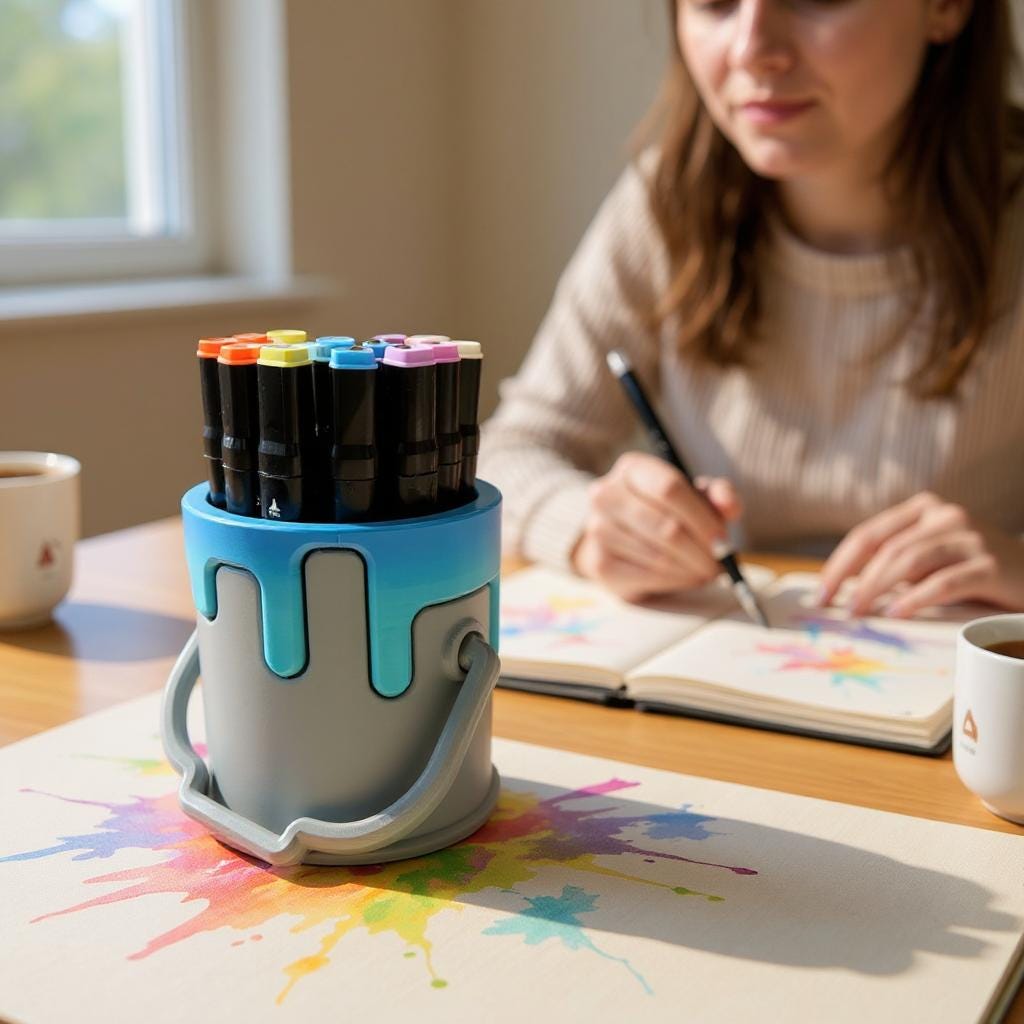 Pencil Holder 3D Printed Paint Bucket Desk Tidy with Dripping Paint Design, Artist Teacher Child Gift, Unique Pen Holder Organizer