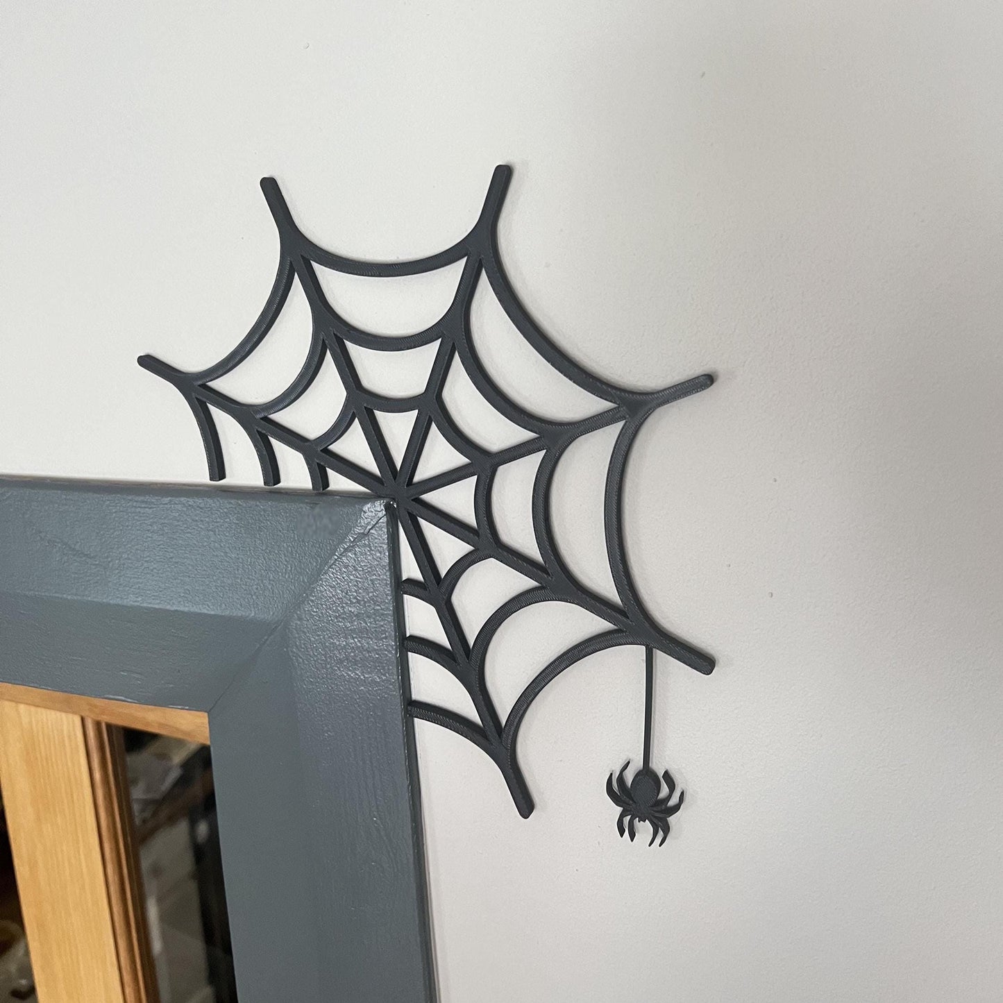 Spiderweb Door Corner Decoration with Hanging Spider – Halloween Wall Accent Door Trim Frame Topper