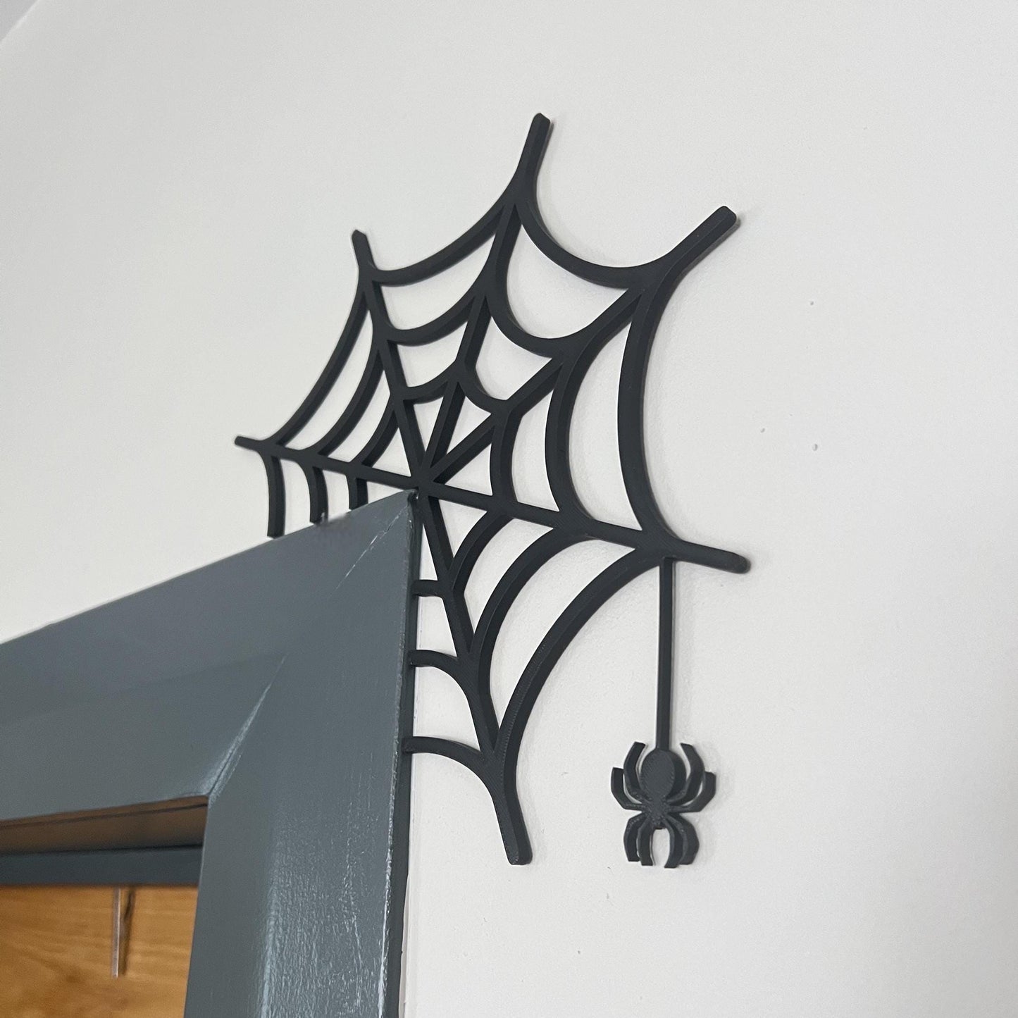 Spiderweb Door Corner Decoration with Hanging Spider – Halloween Wall Accent Door Trim Frame Topper