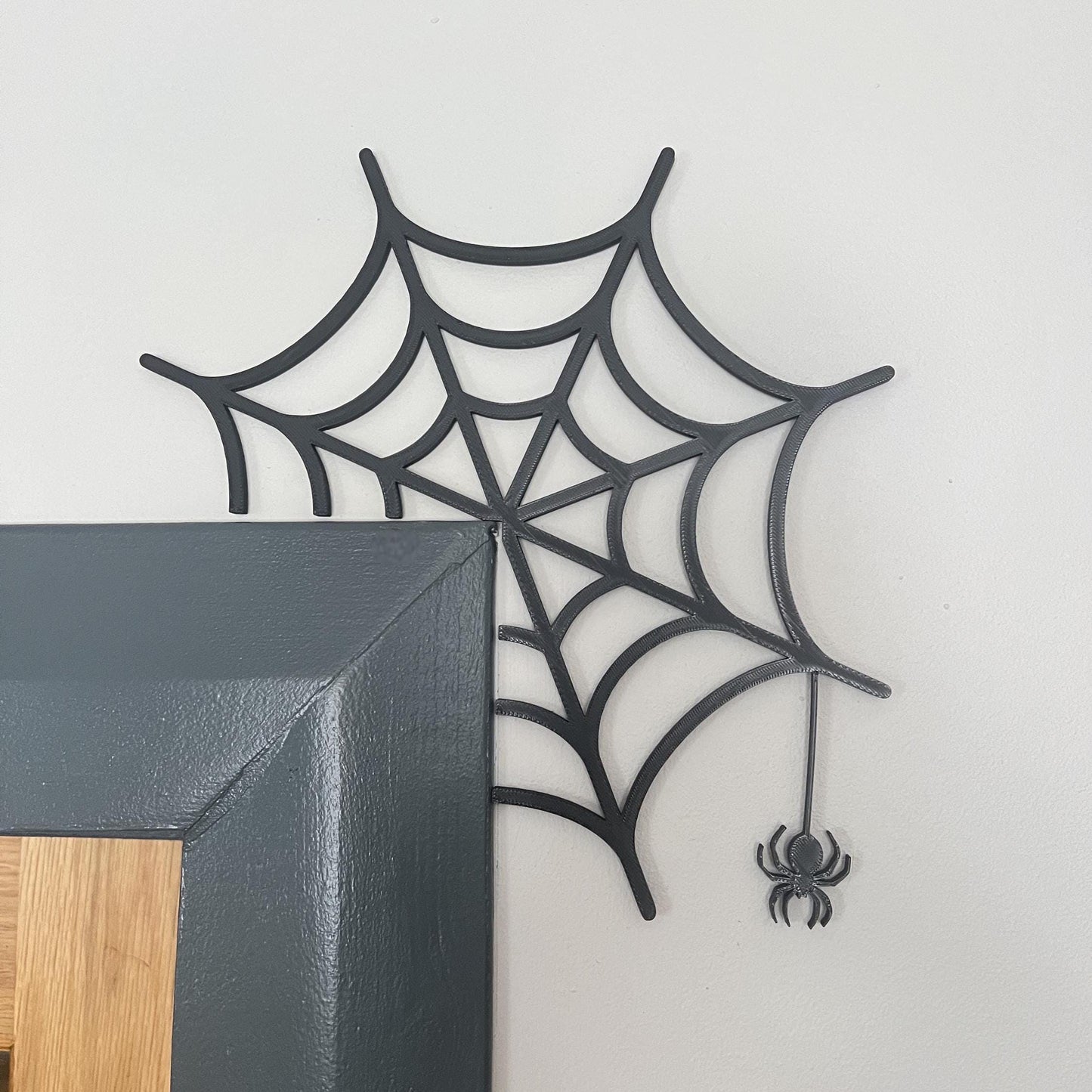 Spiderweb Door Corner Decoration with Hanging Spider – Halloween Wall Accent Door Trim Frame Topper
