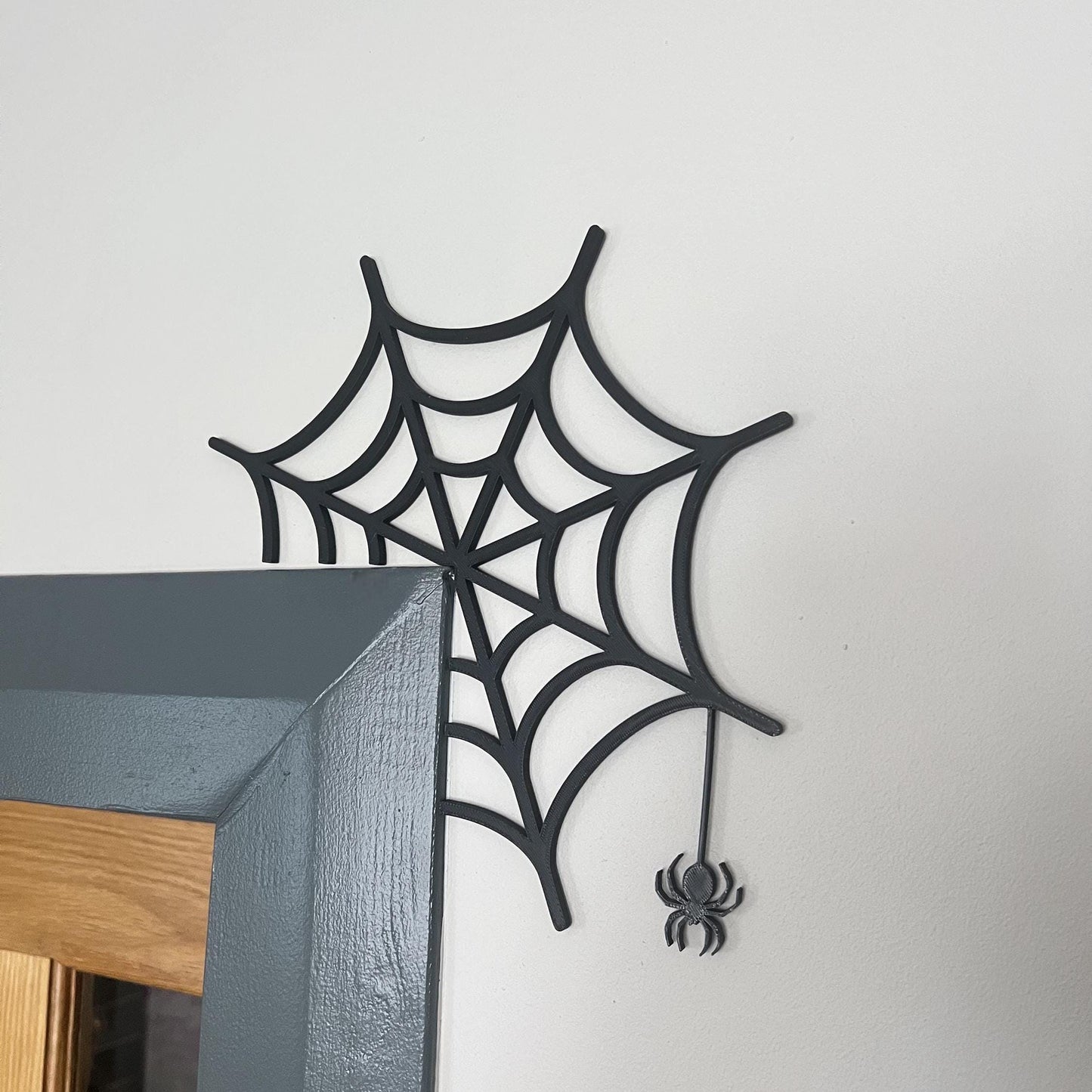 Spiderweb Door Corner Decoration with Hanging Spider – Halloween Wall Accent Door Trim Frame Topper