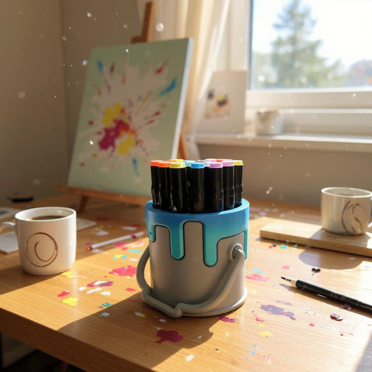 Pencil Holder 3D Printed Paint Bucket Desk Tidy with Dripping Paint Design, Artist Teacher Child Gift, Unique Pen Holder Organizer
