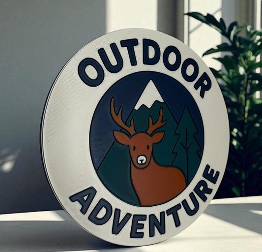 Outdoor Adventure Wall Sign | Rustic Woodland Cabin Decor | Mountain & Deer Kids Room Art | Camping Themed Nursery Wall Plaque