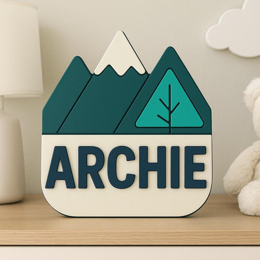 Personalised Mountain Nursery Name Sign – 3D Printed Kids Room Decor, Custom Baby Gift, Nature Wall Art for Woodland or Adventure Theme