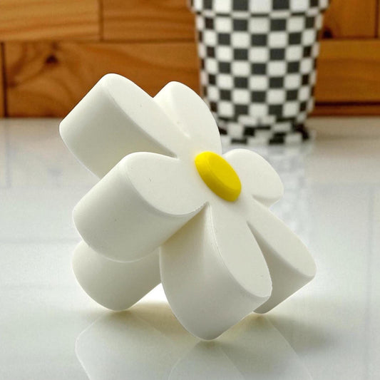 Daisy Groovy Drawer Knob (rounded) – Whimsical White Flower Cabinet Pull with Yellow Center