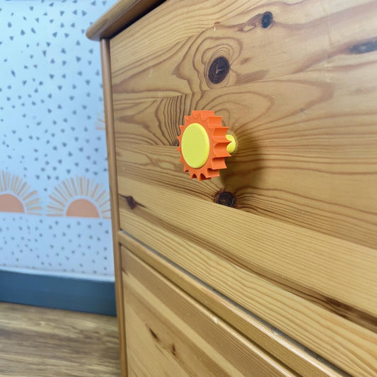 Sunshine Drawer Knob – 3D Printed Yellow & Orange Sun Handle | Fun Kids Room or Nursery Decor, PLA Eco-Friendly Pull