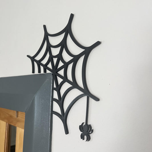 Spiderweb Door Corner Decoration with Hanging Spider – Halloween Wall Accent Door Trim Frame Topper